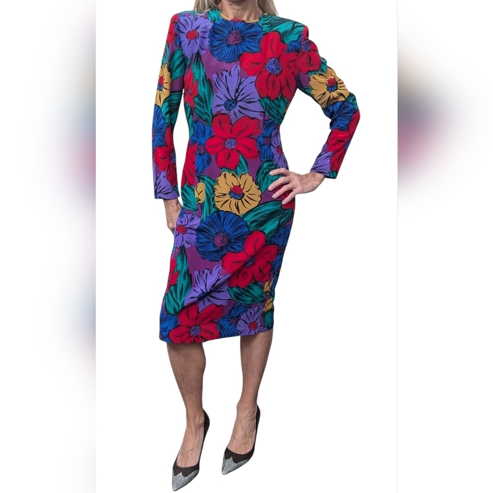 Vintage Liz Claiborne Floral Long Sleeve Midi Dress Size 4